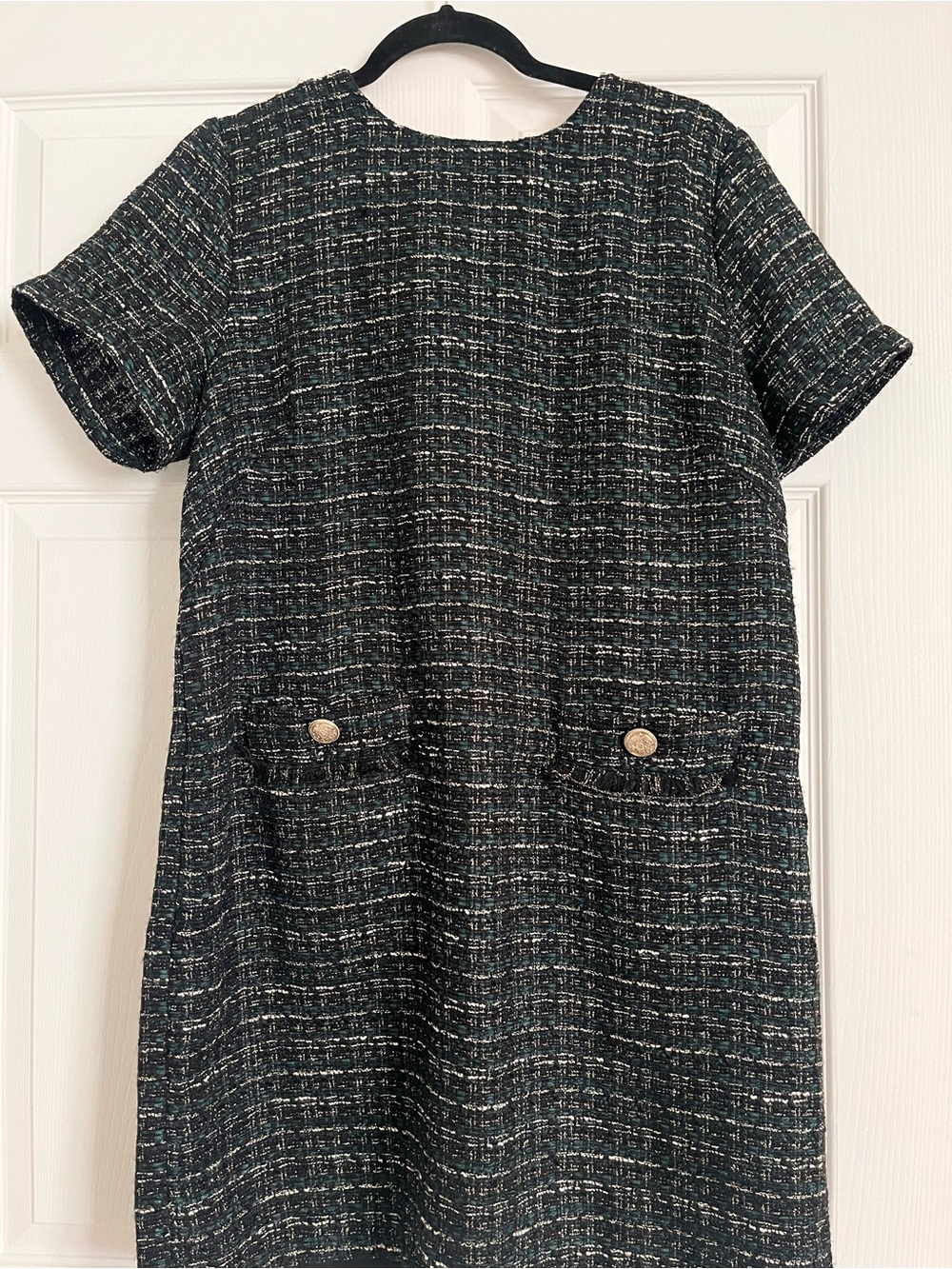 Textured Black Tweed Short-Sleeve Shift Dress Coat